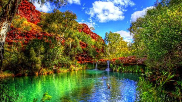 Wallpaper Sky, Scenery, Clouds, Waterfalls, Under, Blue, View, Trees, White, Beautiful, Rocks, Red, Green