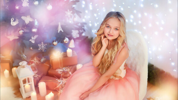 Wallpaper Little, Girl, Lights, Cute, White, Wings, With, Dress, Sitting, Light, Color, Peach, Background, Wearing