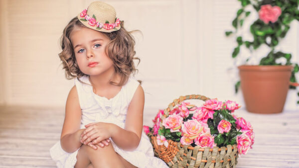 Wallpaper White, Cute, Wearing, Beautiful, Flower, Little, Dress, Basket, Near, Girl, Sitting