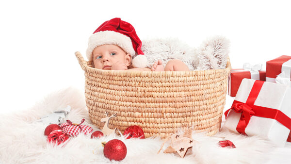Wallpaper Santa, Cap, Baby, Claus, Sitting, Boxes, Wearing, Cute, Gift, With, Inside, Basket, Child, Wicker