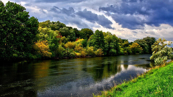 Wallpaper Yellow, Trees, White, Blue, Autumn, River, Under, Nature, Field, Grass, Between, Red, Green, Sky, Clouds