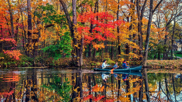 Wallpaper Forest, Autumn, Background, Red, Boat, Reflection, Yellow, People, With, Water, Lake, Trees, Green