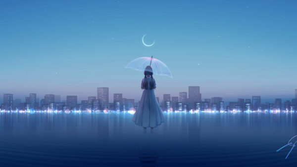 Wallpaper Blue, City, With, Girl, Sky, Umbrella, Buildings, Anime