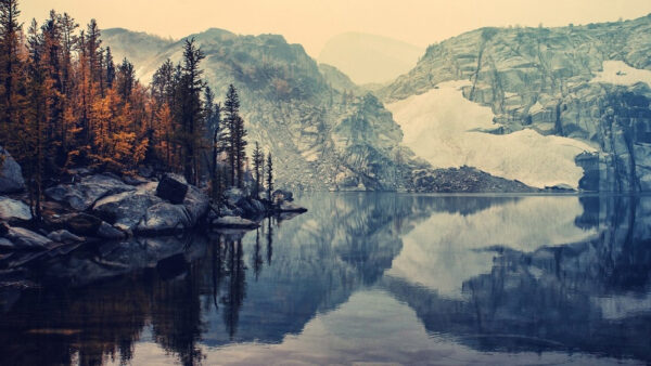 Wallpaper Between, Pine, And, Rock, Desktop, Trees, Mobile, Near, Body, Nature, With, Snow, Water, Mountains, Reflection