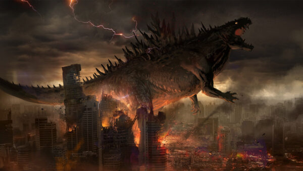 Wallpaper Movies, Godzilla, City, Clouds, With, Attacking, Lightning, Desktop, Background