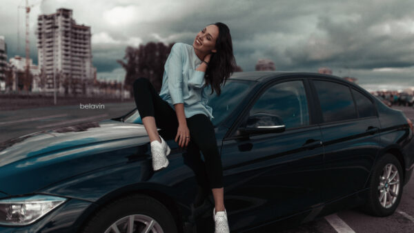 Wallpaper Girl, And, Pant, Black, Blue, Front, With, Model, Shirt, Side, Desktop, Sitting, Car