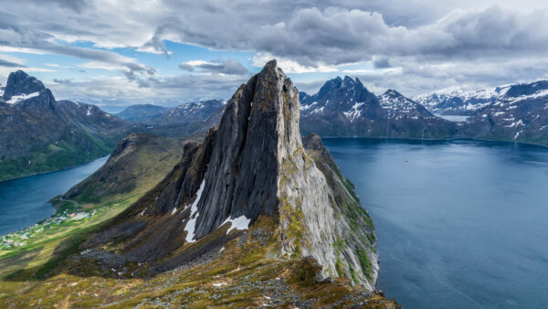 Wallpaper Cloudy, Mountains, Sky, Landscape, Covered, Snow, Body, Water, Calm, Under, Nature, And, View