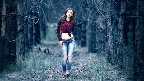 Wallpaper Girls, Wearing, Background, Red, Girl, Blue, Standing, Top, Model, Jeans, And, Forest