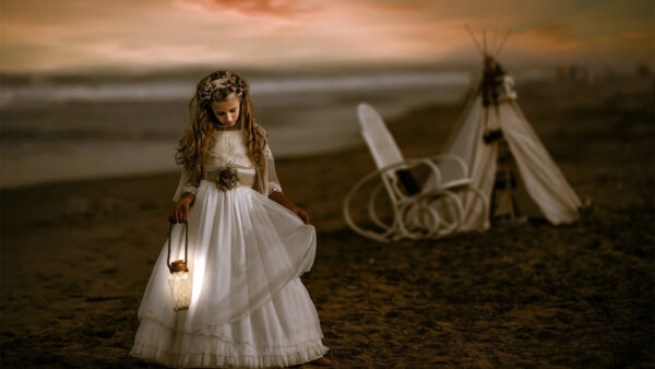 Wallpaper Sand, Dress, Cute, White, Wearing, Girl, Beach, Walking, With, Lantern, Lamp