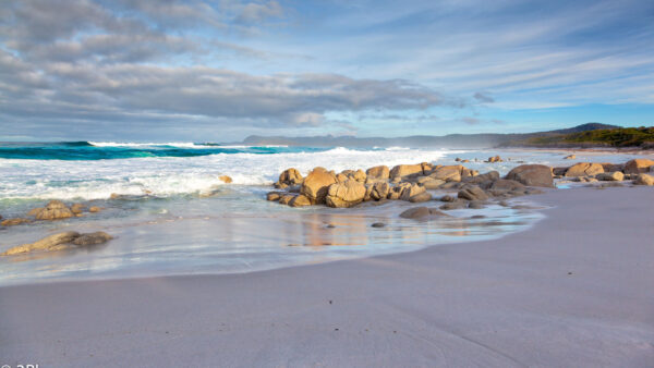 Wallpaper Beach, White, Clouds, Rocks, Mountains, Mobile, Blue, Waves, Stones, Ocean, Under, Sky, Nature, Sand, Desktop, Landscape, View