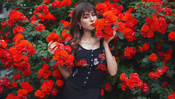 Wallpaper Dress, Green, Wearing, Leaves, Red, Black, Girl, Model, Standing, Background, Flowers, Girls, Roses, Printed