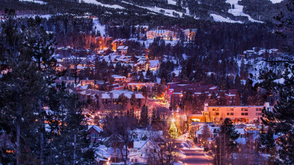 Wallpaper Snow, Winter, Lights, With, Covered, Mountains, Houses