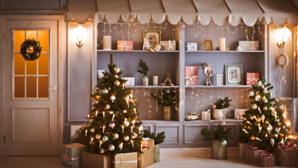 Wallpaper Mobile, Tree, WALL, Desktop, Shelves, Decorated, Boxes, Christmas, Gift, Background