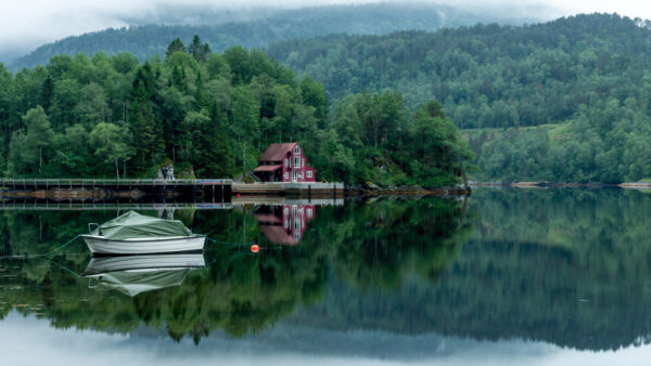 Wallpaper Reflection, Travel, House, Lake, Mountain, Boat, Water, Forest