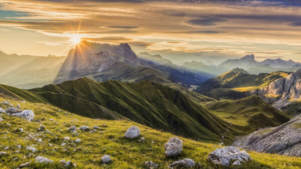 Wallpaper Under, Sky, Hills, Sunrays, Mountain, Blue, Nature, Beautiful, Rock, Greenery, Grass, Clouds, Stones