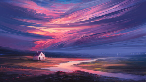 Wallpaper Sky, Artistic, House, Colorful, Minimalism, Night, River, Cloud, Landscape