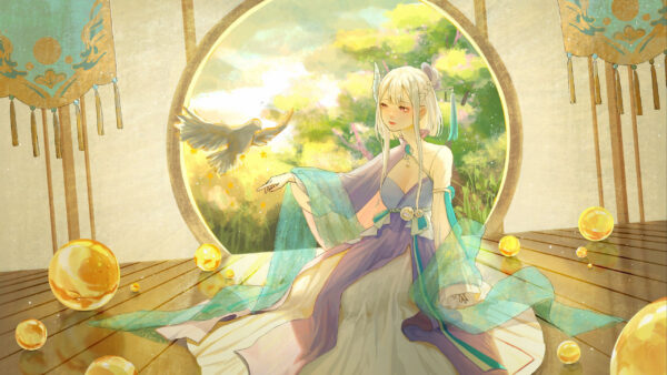 Wallpaper Dress, Anime, Girl, Colorful, Tree, Bird, Background