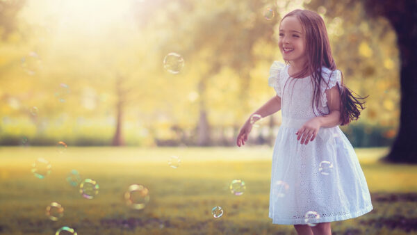 Wallpaper Little, Background, Trees, Cute, Standing, Dress, White, Blur, Smiley, Wearing, Girl