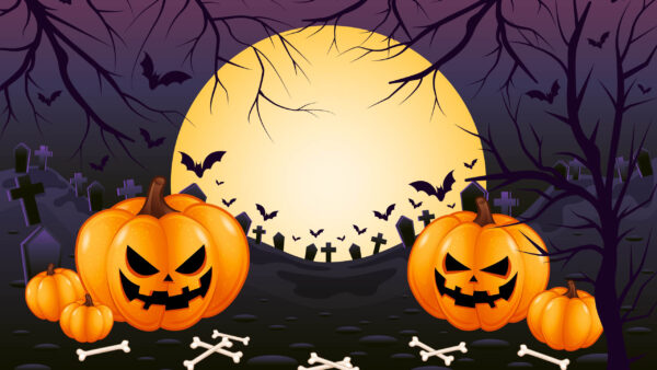 Wallpaper Pumpkins, Yellow, Halloween, Bats, Moon, Graveyard