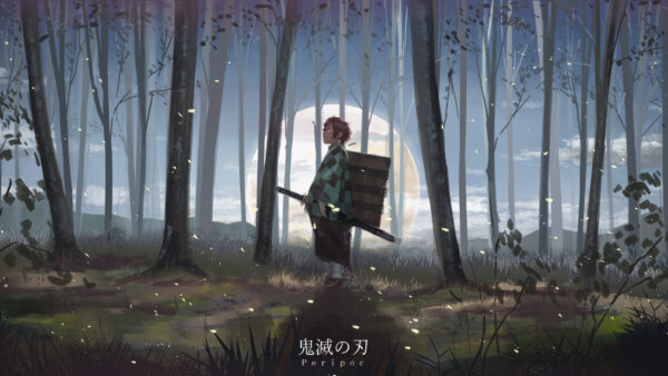 Wallpaper Trees, Anime, Sky, Tanjiro, Desktop, Standing, Kamado, Moon, Slayer, Forest, And, Background, With, Blue, Demon