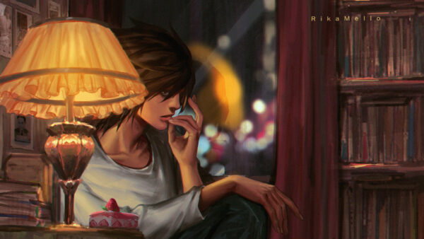 Wallpaper Near, Yagami, Anime, Having, Light, Fingers, Sitting, Lamp, Mouth, Death, With, Note