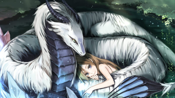 Wallpaper Girl, Cuddling, Dreamy, Dragon, Fantasy, White, Desktop