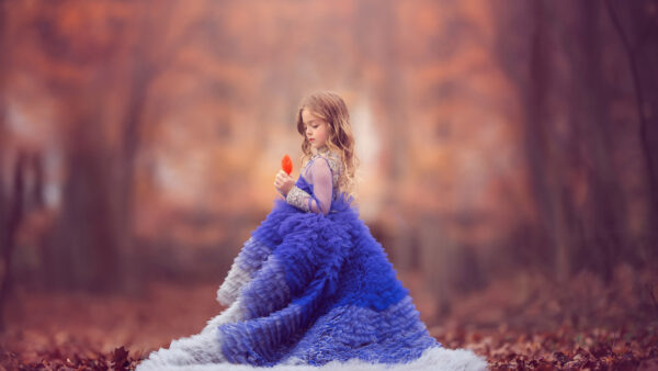 Wallpaper Little, Girl, Dress, Standing, Wearing, Background, Desktop, Forest, Blue, White, Cute, Blur