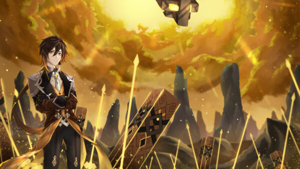 Wallpaper Zhongli, Genshin, Sky, Background, Impact, Yellow