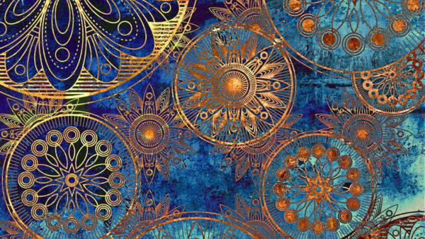 Wallpaper Blue, Art, Round, Gold, Flowers, Abstract