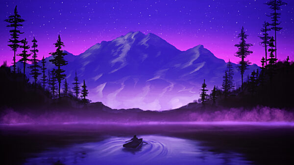 Wallpaper Landscape, Mountain, Stars, Sky, Minimalism, Artistic, Background, Lake, Purple