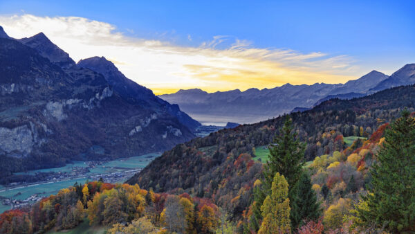 Wallpaper Blue, Mountains, Nature, Bushes, Houses, During, Village, Trees, Sky, Autumn, Under, Desktop, Sunset, Plants, Mobile, Colorful