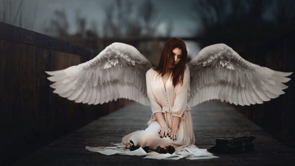Wallpaper Sitting, Wearing, With, Wings, Dress, Alone, Girl, White