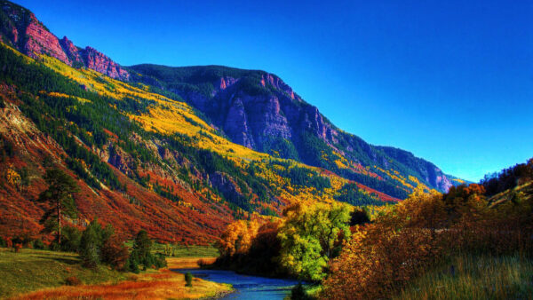 Wallpaper Blue, Sky, Slope, Trees, Mountains, River, Colorful, Nature, Scenery, Between, Background, Beautiful