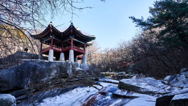 Wallpaper Blue, Rocks, Water, Stream, Nature, Under, Temple, Sky, Pagoda, Trees