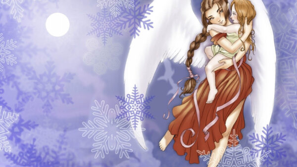 Wallpaper Fantasy, Snowflake, Moon, Child, Angel, With, Desktop