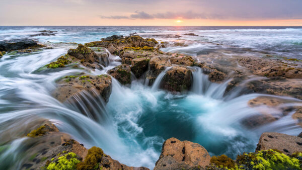 Wallpaper Ocean, During, Water, Rocks, Stream, Waves, Sunset, Nature