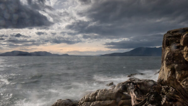 Wallpaper Shore, White, Sky, Under, Coast, Sea, Rocks, Nature, Black, Blue, Clouds, Waves, Mountains