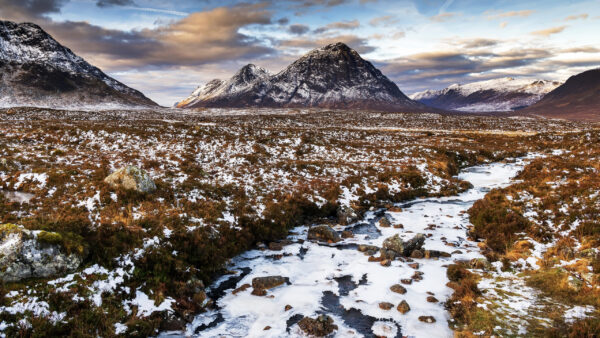 Wallpaper Land, Covered, River, Grass, Frozen, Snow, Field, Mountains, Nature