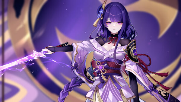 Wallpaper Purple, Raiden, With, Impact, Hair, Baal, Shogun, Sword, Genshin, Eyes