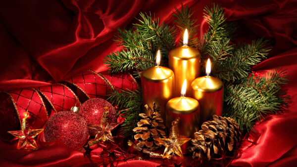 Wallpaper Christmas, Tree, Candles, Glitter, Red, Balls, Satin, Cloth