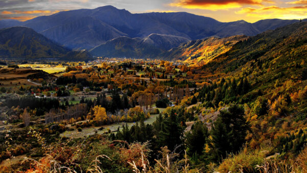 Wallpaper Bushes, View, Colorful, Aerial, Nature, Autumn, Trees, River, Mountains, Village