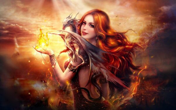 Wallpaper Fantasy, Fire, Dragon, Girl