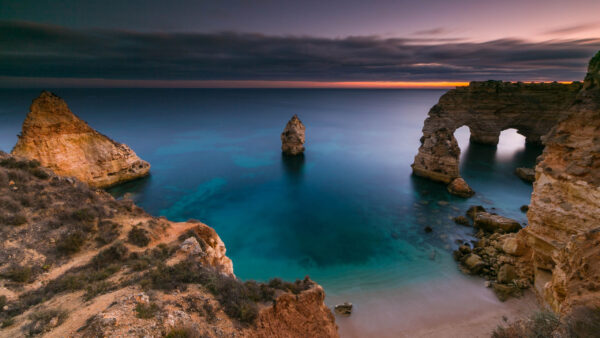 Wallpaper Sunset, Ocean, Nature, And, Landscape, Coast, Algarve, Desktop, Portugal, Rock, During
