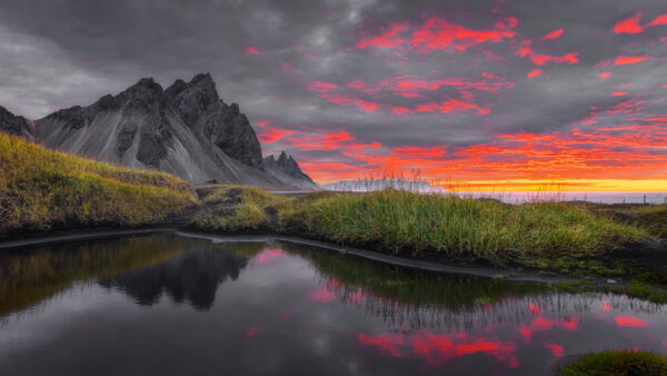 Wallpaper Sunrise, Desktop, Nature, During, Iceland, Reflection, Water, Vestrahorn, Mountain