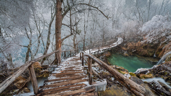 Wallpaper Winter, National, Croatia, Bridge, Mobile, Plitvice, Desktop, Park