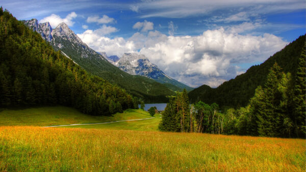 Wallpaper Sky, Field, Clouds, River, Nature, Landscape, Blue, Grass, Slope, Under, Forest, View, Green, White, Mountains, Trees