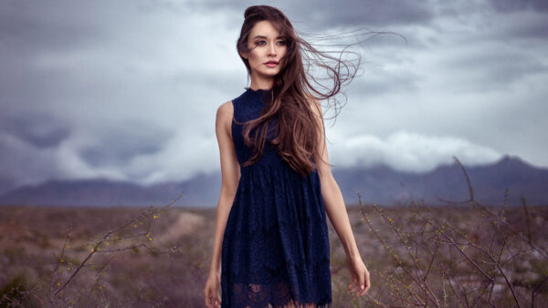 Wallpaper Mobile, Desktop, Girl, Background, Wearing, Blur, Model, Standing, Blue, Dark, Dress