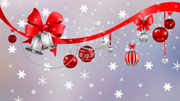 Wallpaper With, Christmas, Red, Silver, Beads, Desktop, Bell, Snowflake, Ornaments
