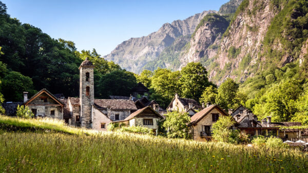 Wallpaper Sky, Green, Mountains, Background, Mobile, Flowers, Buildings, Nature, Tower, Houses, Blue, Desktop, Field, Trees, Grass