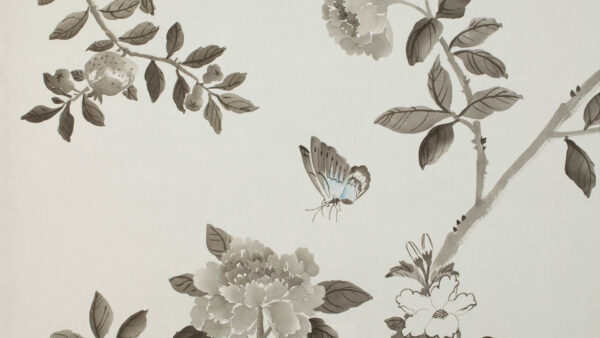 Wallpaper Butterfly, WALL, Chinoiserie, White, Leaves, Flowers